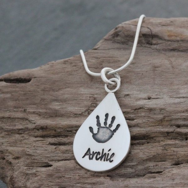 Silver Dewdrop personalised handprint pendant