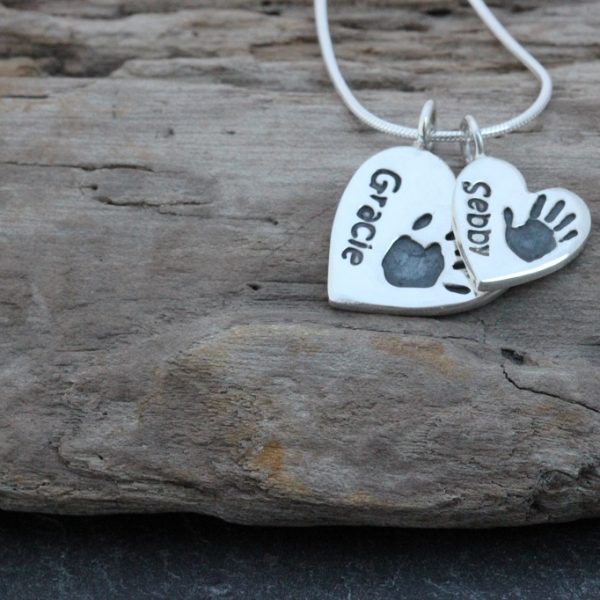 Silver Handprint Heart duo pendant