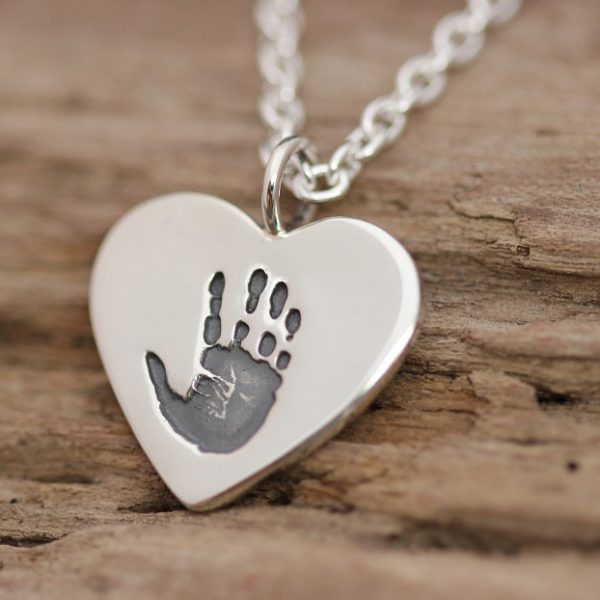 Silver personalised handprint heart necklace