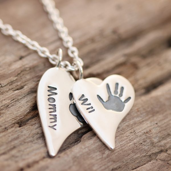 Silver Squishy heart handprint duo pendant